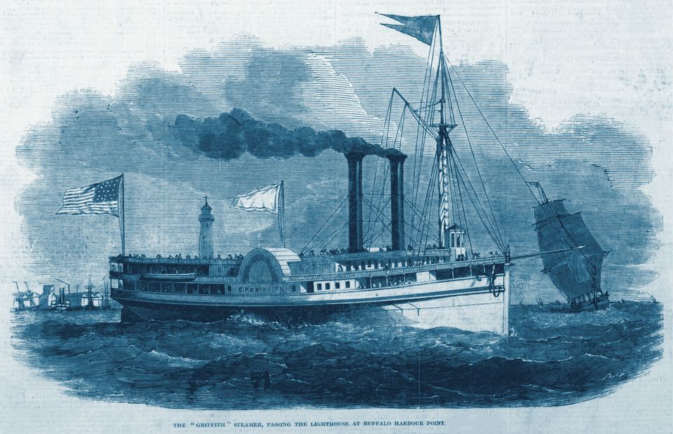 The steamer G.P. Griffith passing the Buffalo lighthouse, 1850 engraving